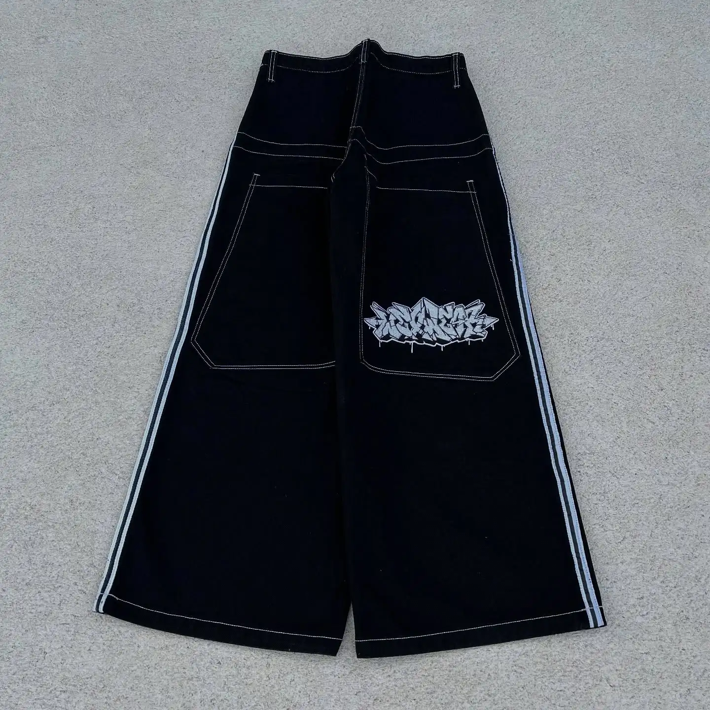

New Wexwear Stripes Black Pants Embroidered Y2k Baggy Jeans Streetwear Men Harajuku Hip Hop Women High Waist Wide Trouser