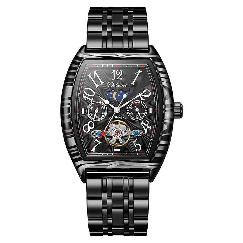 Carbon Fiber Pattern Luxury Top Brand Tourbillon Men's Watch Waterproof Black Steel High Quality Automatic Mechanical Watch