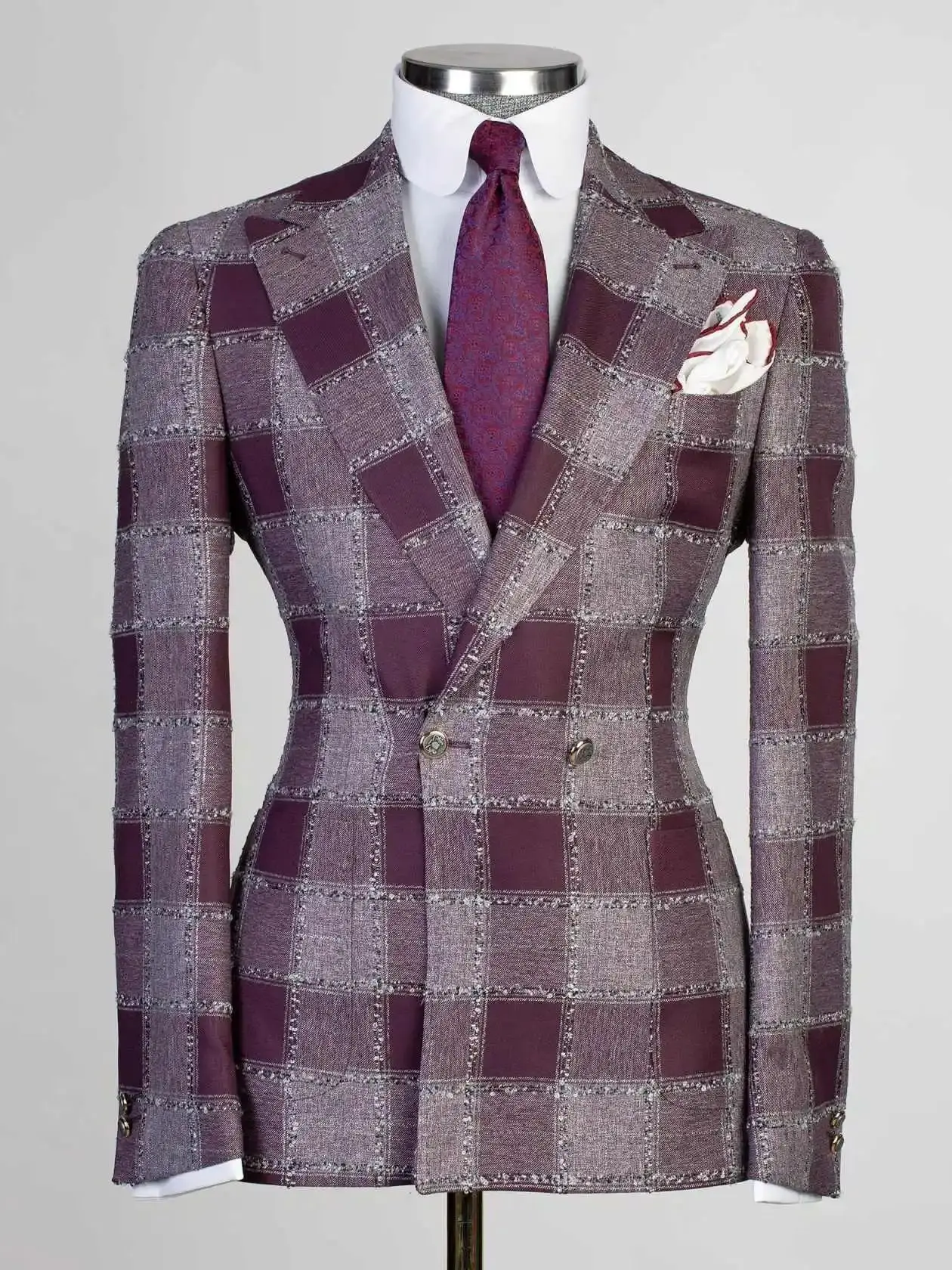 Luxe Bruiloft Mannen Pakken Gentleman Grid Maatwerk Bruidegom 2 Stuks Jas Broek Zanger Pakken Formele Gelegenheden Party Maat Aangepast - afbeelding 2