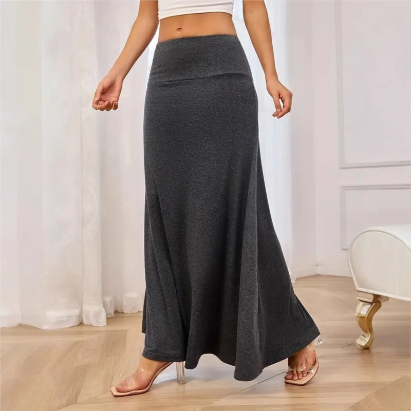 

Johnature 2025 New Women Fashion Knitted Solid Color Skirt Women Simple Versatile Elastic Casual Loose Skirts