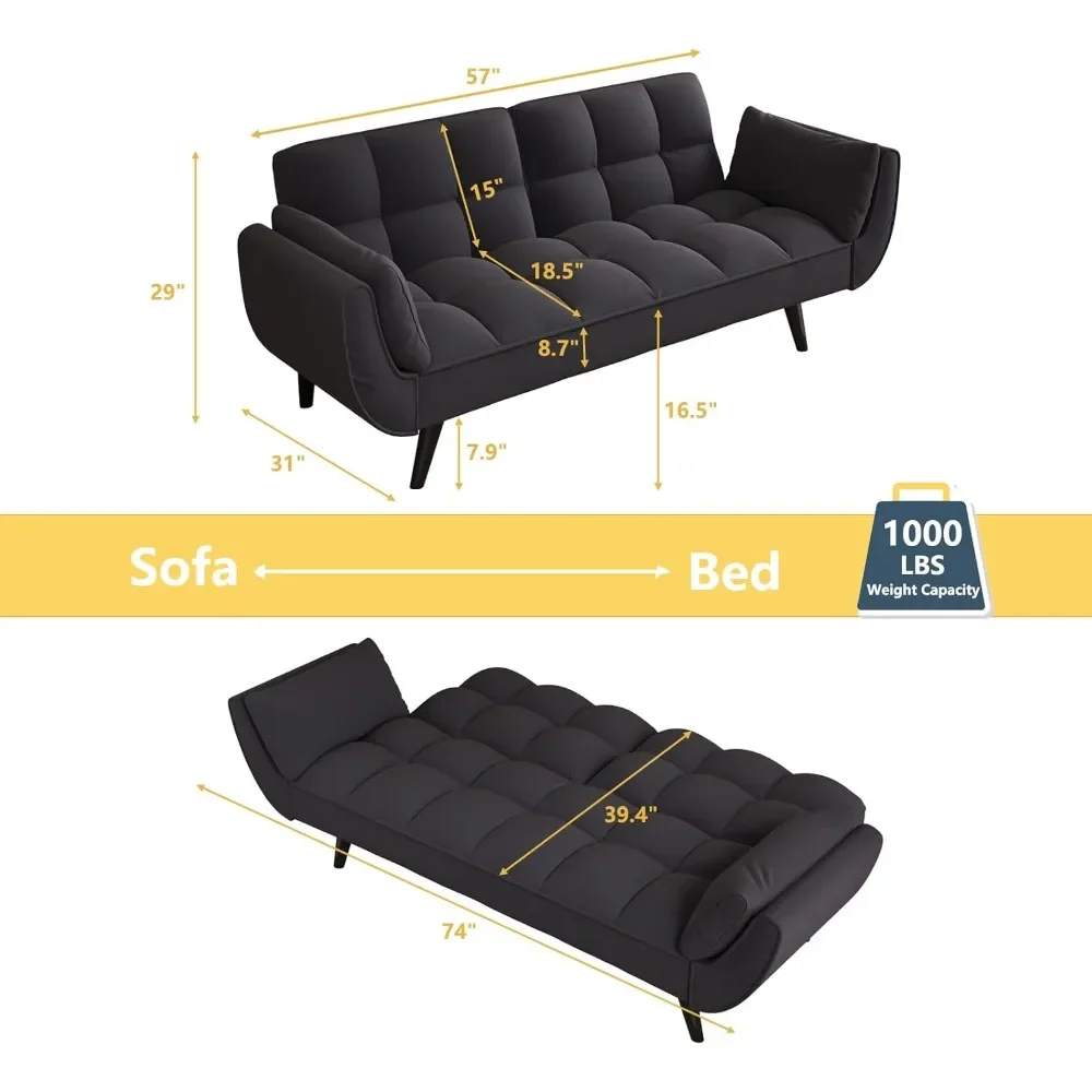 Velvet Futon Sofa Couch Bed with 2 Pillows, Convertible Folding Futon Couch with Adjustable Backrest, Love Seat Sleeper Sofa Bed