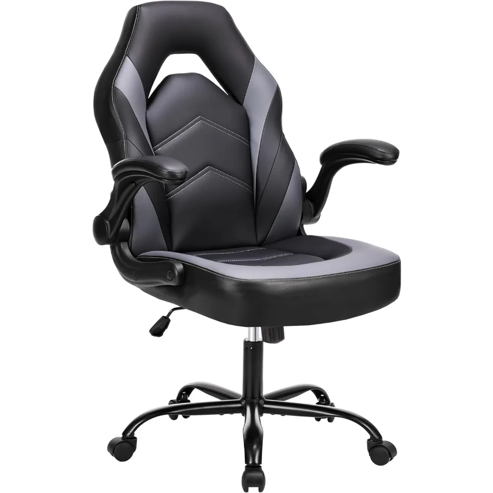 Computer Game Desk Chair - Ergonomic PU Leather Lumbar Support, Height Adjustable High Back Video Game with Flip-up Armrest,