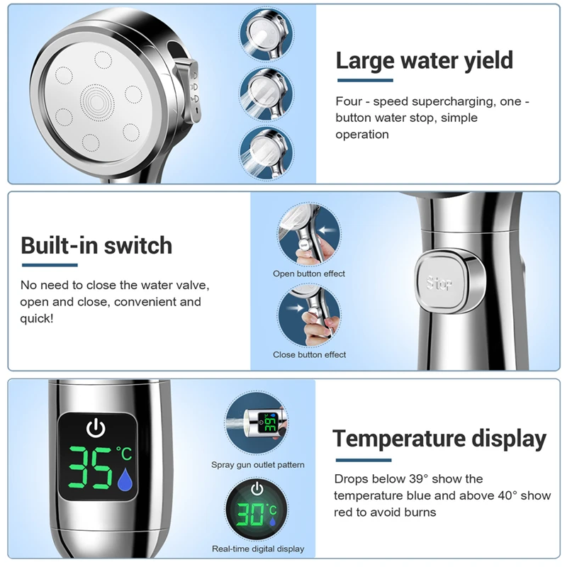 Shower Head Water-Saving Rain Shower Head 4 Model Jet Types Shower Head With Digital Temperature Display