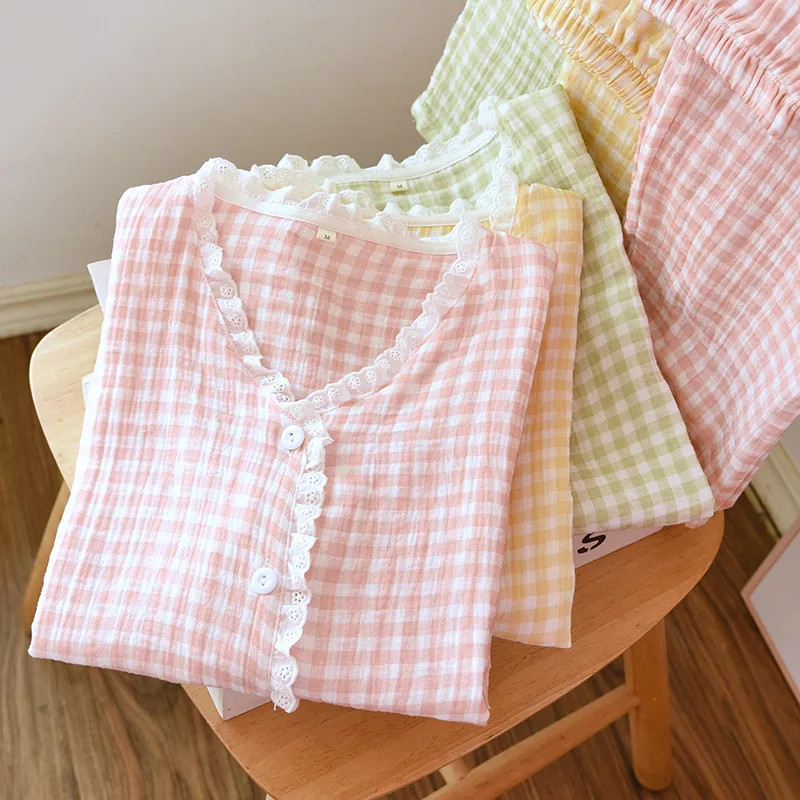 

Хлопковая одежда для сна для женщин, весна-лето, топ с длинными рукавами и карманами в сетку, домашняя одежда, милый студенческий пижамный комплект для девочек ﻿