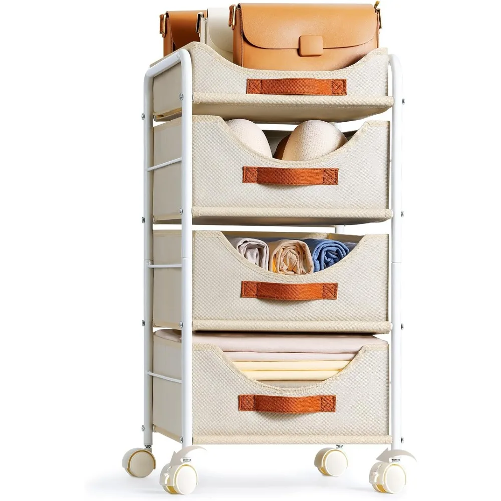 Clothes Drawer 4 Tier - Fabric Closet Drawer System Easy Pull, Portable Closet Drawers for Clothes with Wheels