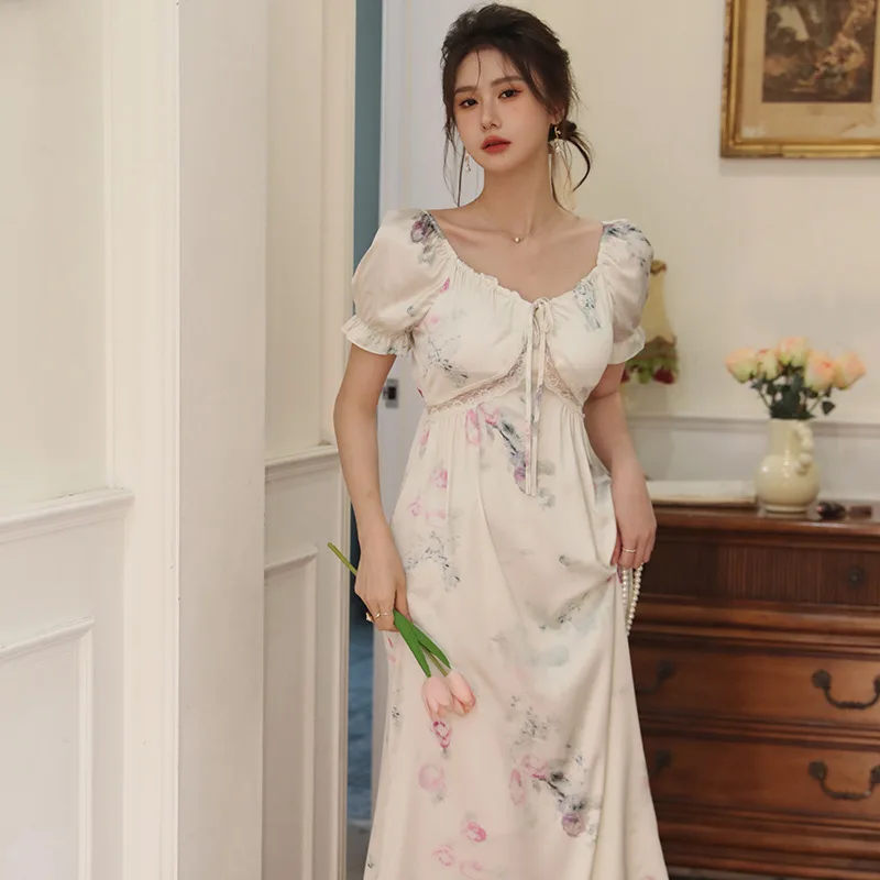 

French Retro Floral Short Sleeved Night Dress High-end Rose Print Fairy Home Wear V-Neck Ankle-Length Nightgowns Sexy Silk Dress