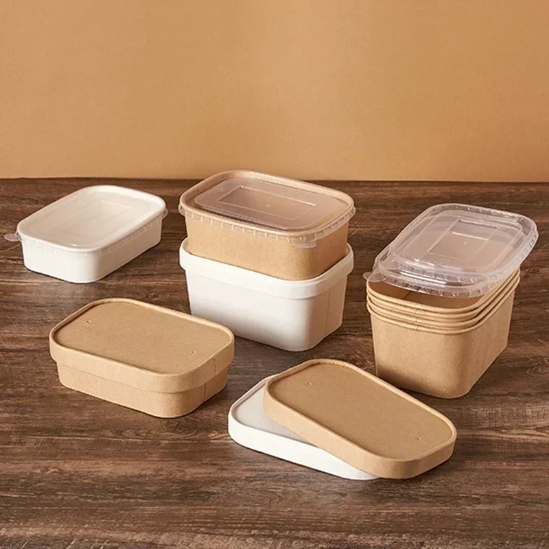 25pcs Ellipse White Bento Pack Paper Lid boxeses Disposable Oil Proof Take-out Lunch boxeseses Food Dessert Salad Kraft Paper Pa