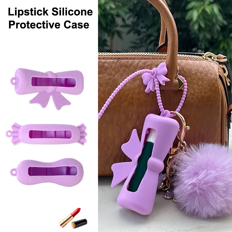 Portachiavi con copertura per rossetto in silicone a forma di arachidi con fiocco, borsa portaoggetti portatile per rossetto in tinta unita, porta balsamo per labbra leggero