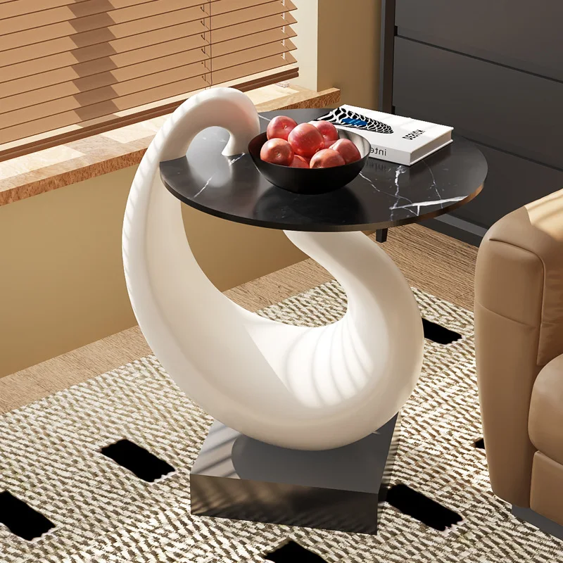Artistic Daylight Swan Geometric Side Table, Light Luxury Premium Cream Sofa End Table, French Style Floor Marble Tray