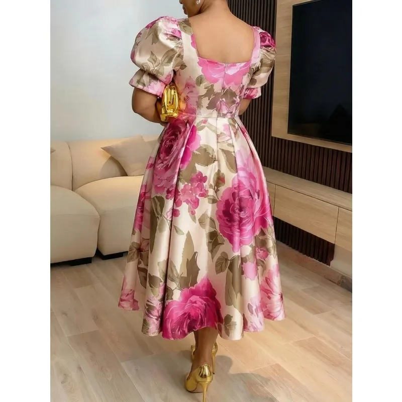 S-5XL Elegant Printed Long Dress with Stand Collar And Lantern Sleeves Slimming Design New Spring Summer Women's Fashion Dress