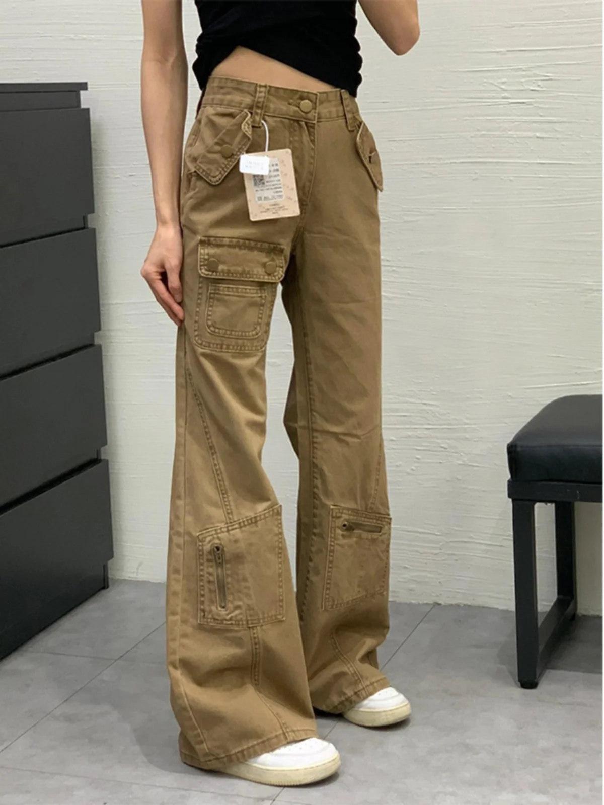 Retro American Brown Work Pants Men Women CleanFit Straight Leg Micro Flare Slimming Logging Denim Long Trousers Casual Jeans