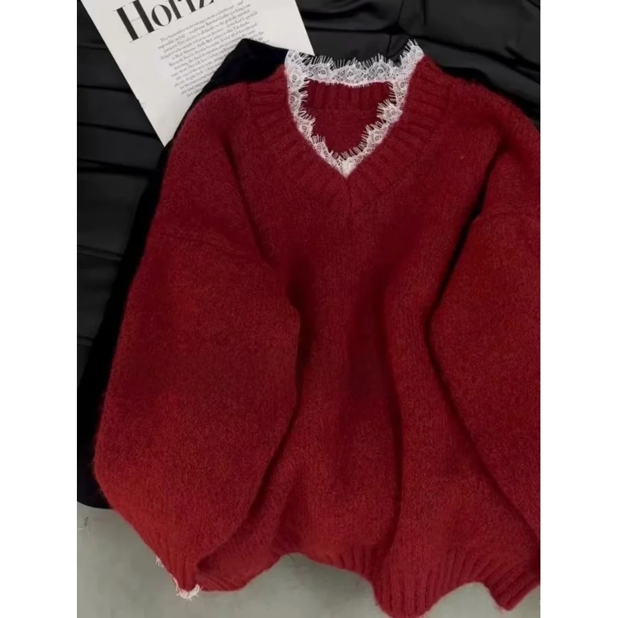 Ele V-Ne ニットセーター レディース 秋冬 レーストリム フェイクツーピース ルーズフィット 快適なロングスベトップ