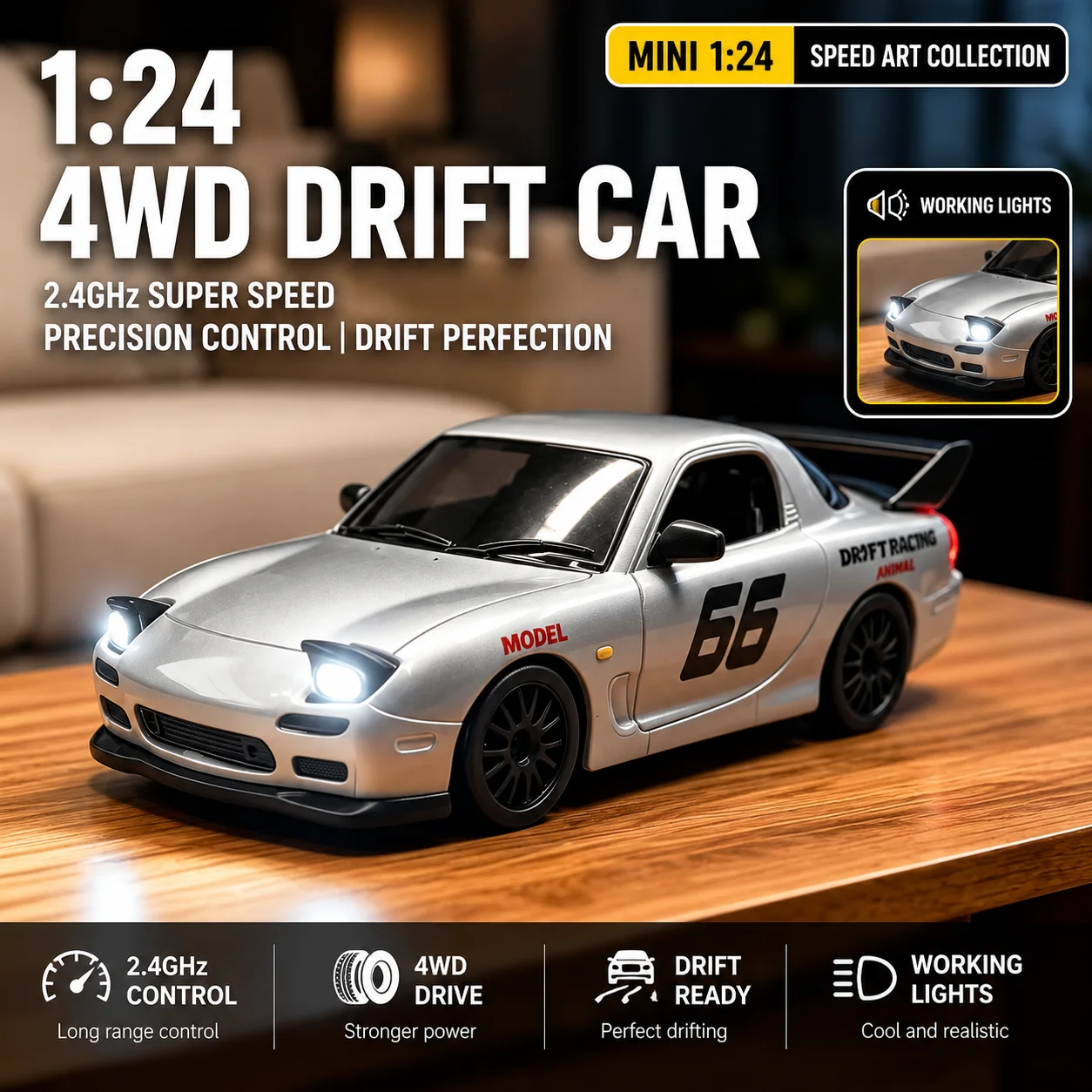 1:24 RC Car RX7 FD RC Drift Car 4WD Remote Control Car with Pop-Up Lights 2.4G High Speed Racing Model Toy for Boys, Ideal Gift