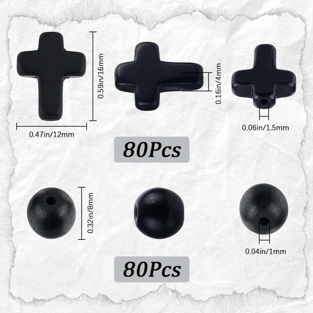 1 صندوق 160 قطعة الصليب الأسود الخرز 8 مللي متر الجولة فضفاض خزر عازل صغير صغير 16x12 مللي متر حجر الفيروز حبة #2