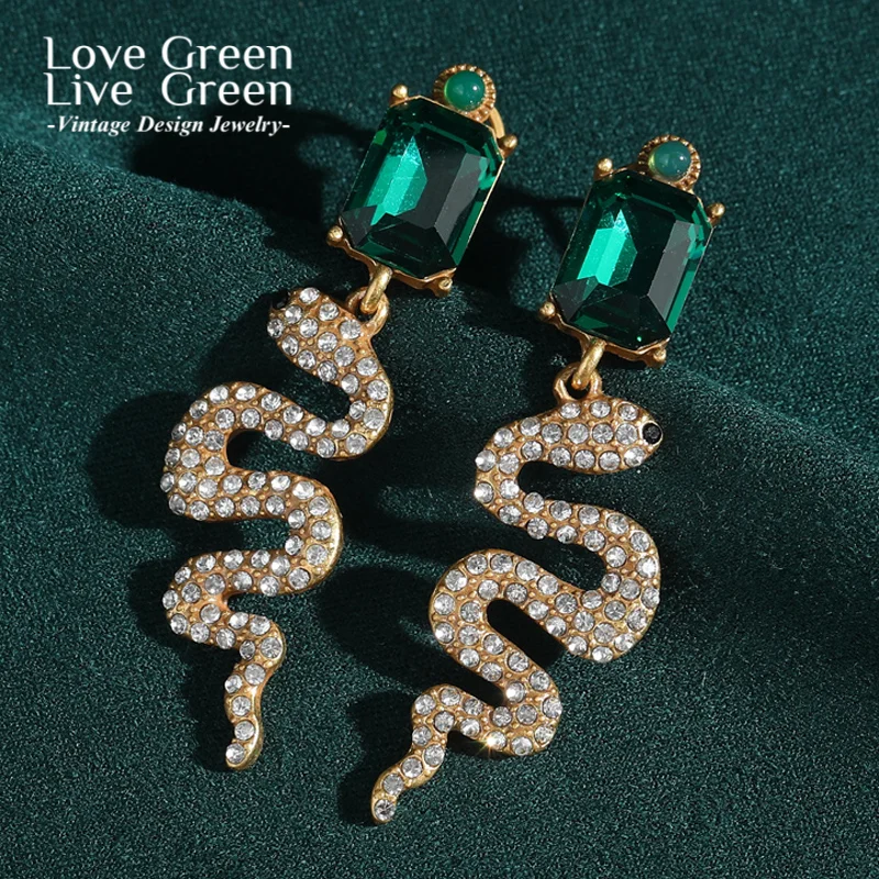 

Vintage Green Crystal Snake Earrings Drop Gold Color Rhinestone For Woman Long Luxury Jewelry Designer Quality Christmas Wedding