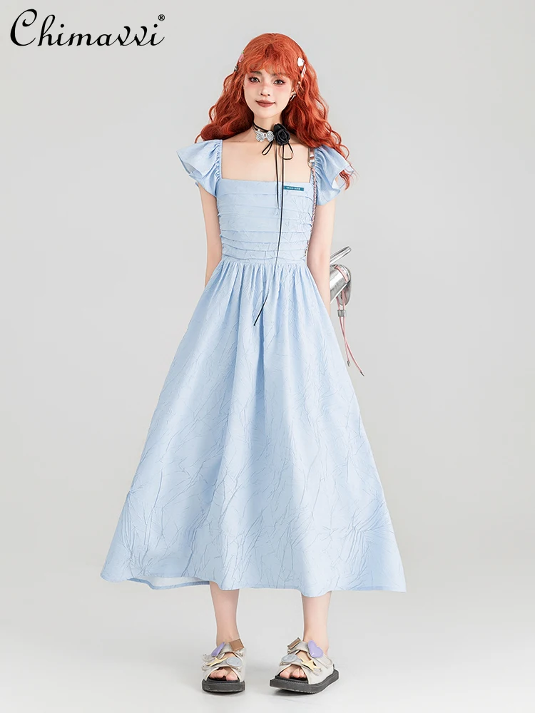 French High-End Wrinkle Jacquard Square Collar Flying Sleeves Back Lace-up High Waist A-Line Blue Long Dress Women 2024 Summer