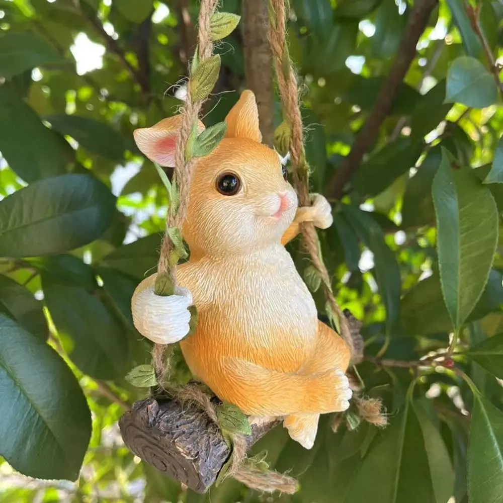 Resin Rabbit Swinging Garden Decoration Waterproof Tree Animals Rabbit Swing Miniature Figures Hand Made Cartoon