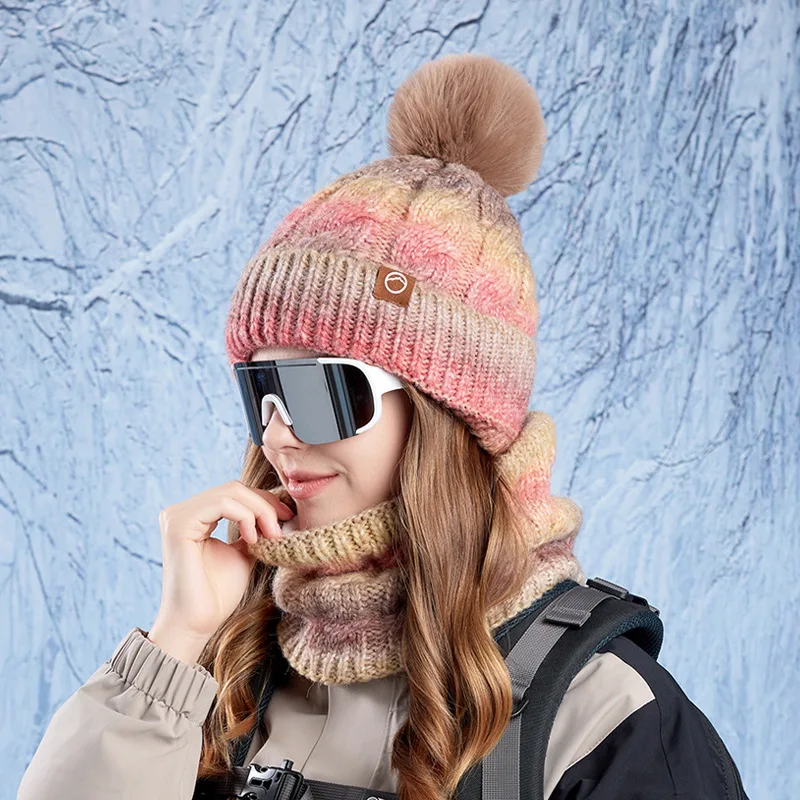 Winter Lady Warm Hat Scarf Two-piece Set Fleece Thickened Gradual Change Color Knitted Skiing Hat Fashion Pullover Hat for Women 2