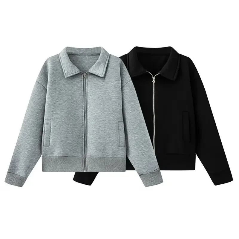 

Pop Women Spring Gray Bomber Jackeet Black Outwear Polo With Zipper Outerwear Jaqueta Retro Solid Casual Loose Long Sleeve Top W