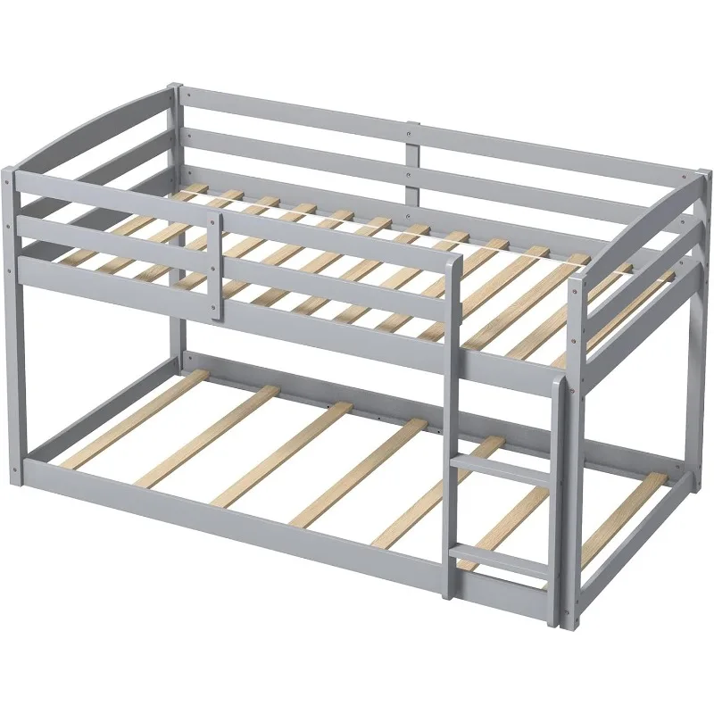 Twin Low Bunk Bed, Solid Wood Over Bunk Bed Frame with Full Guardrails & Integrated Ladder, Floor Bunk Beds