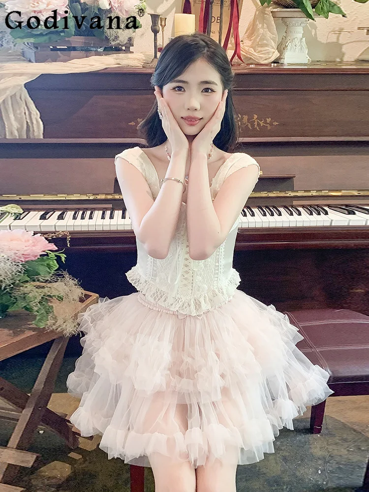 

Summer High Waist Lace Lolita A-line Ballet Style Cake Skirt Women's Solid Color Versatile Age-reducing Fashion Sweet Skirts