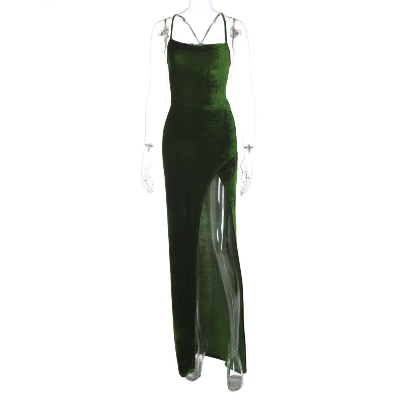 Schnürung grünes Samt riemen Maxi kleid für Frauen Seitens chlitz rücken frei bodycon sexy Ballkleid Outfit elegante Geburtstags feier