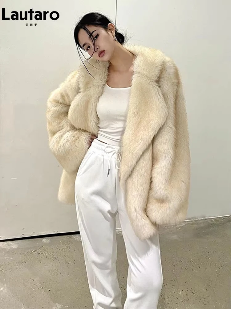 Lautaro Winter Loose Casual Thick Warm Soft Hairy Faux Fur Coat Women Luxury High Quality Furry Fluffy Jacket Korean Fashion