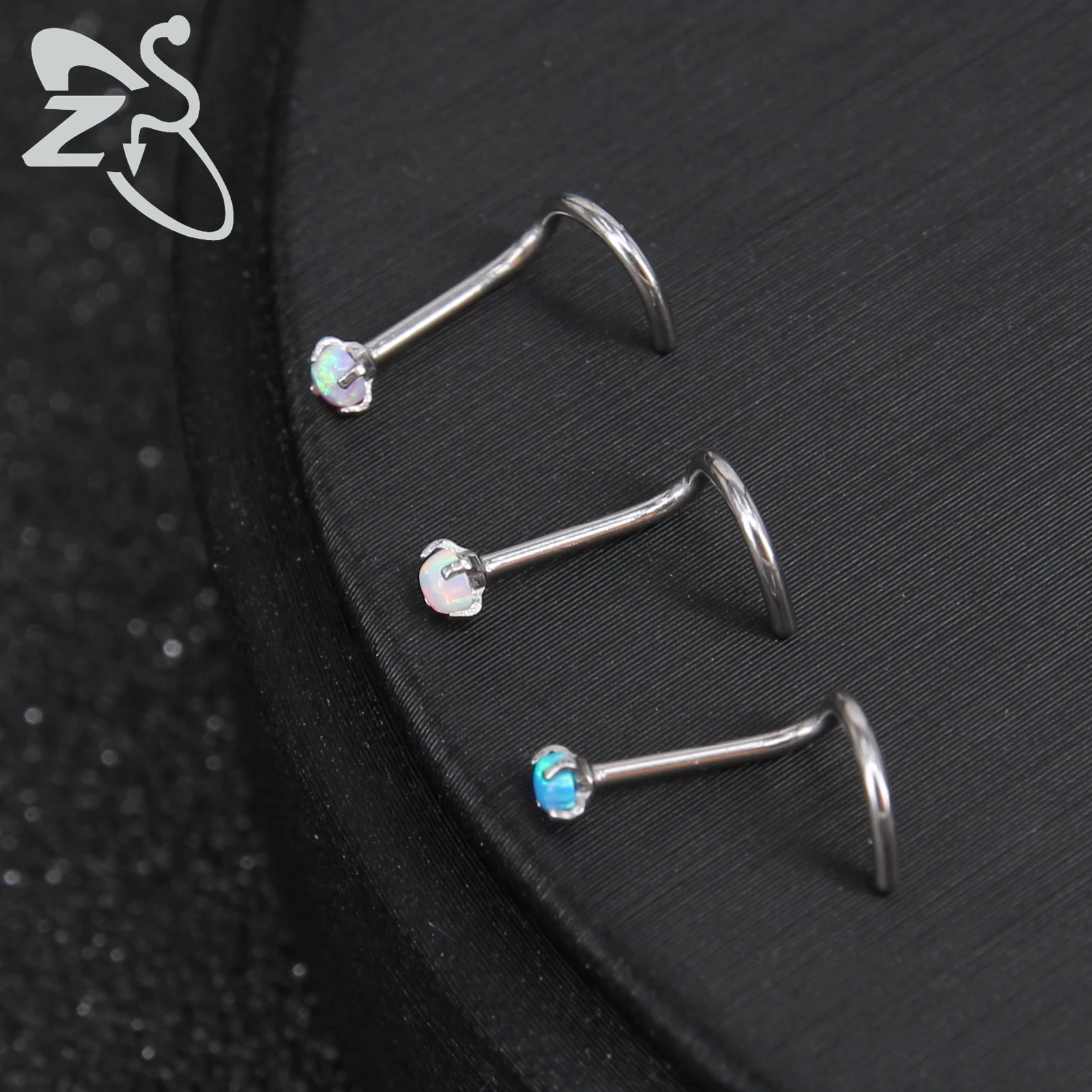 ZS 3-6pcs/lot Blue Color Opal Nose Studs Stainless Steel Nose Piercing Round Screw S-Shaped Nostril Piercing Body Jewelry 18/20G