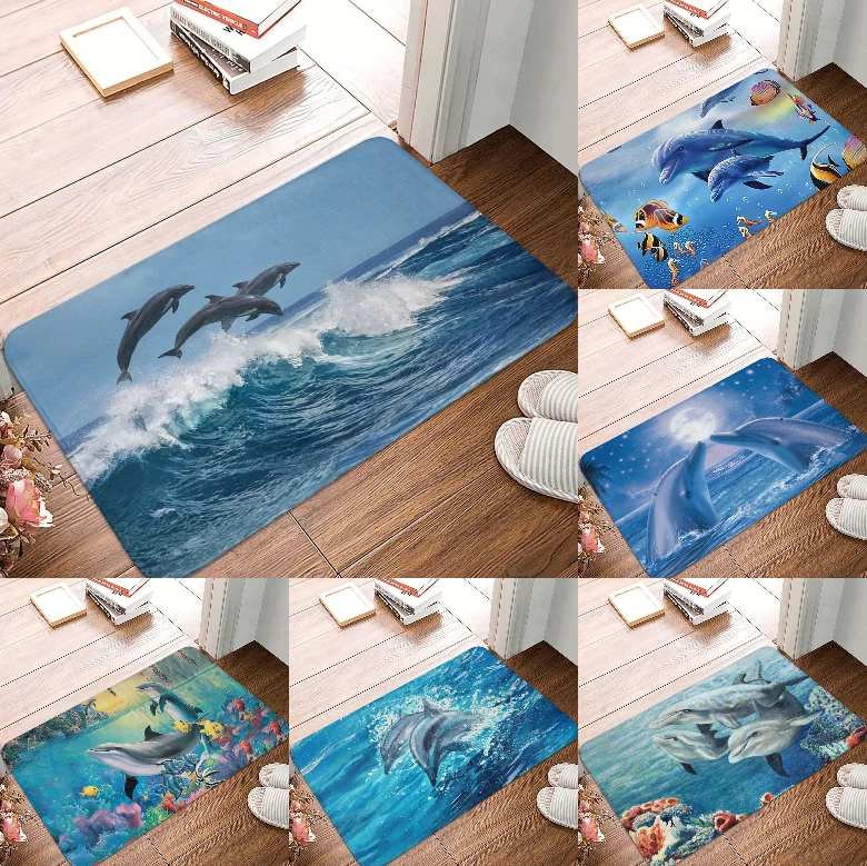Marine Life Dolphin Carpet Floor Door Kitchen Bathroom Entrance Non Slip Mat Bedroom Entrance Foyer Marine Animal Door Mat