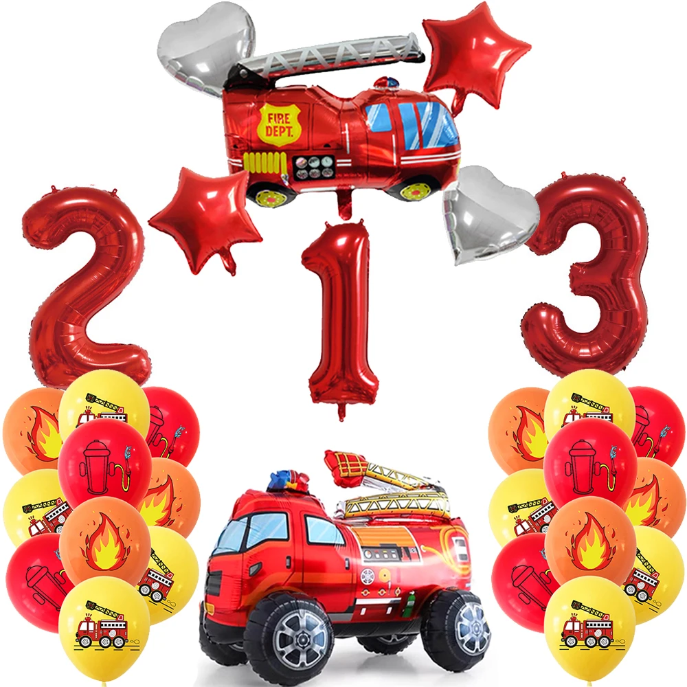 Fire Truck Birthday Decoration Foil Number Firetruck Balloon Set Latex Balloon Kids Boys Gift Firefighter Fireman Party Supplies