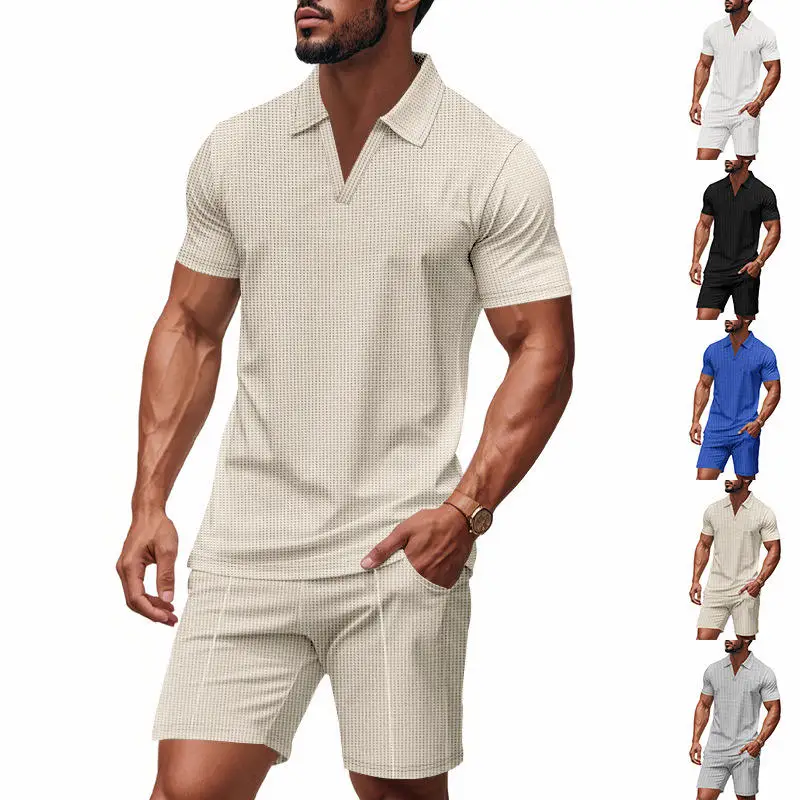 

New American Style Loose Men's Summer Trendy V-Neck Design Shirt Short Sleeve Shorts Set T-Shirt Comfortable Breathable
