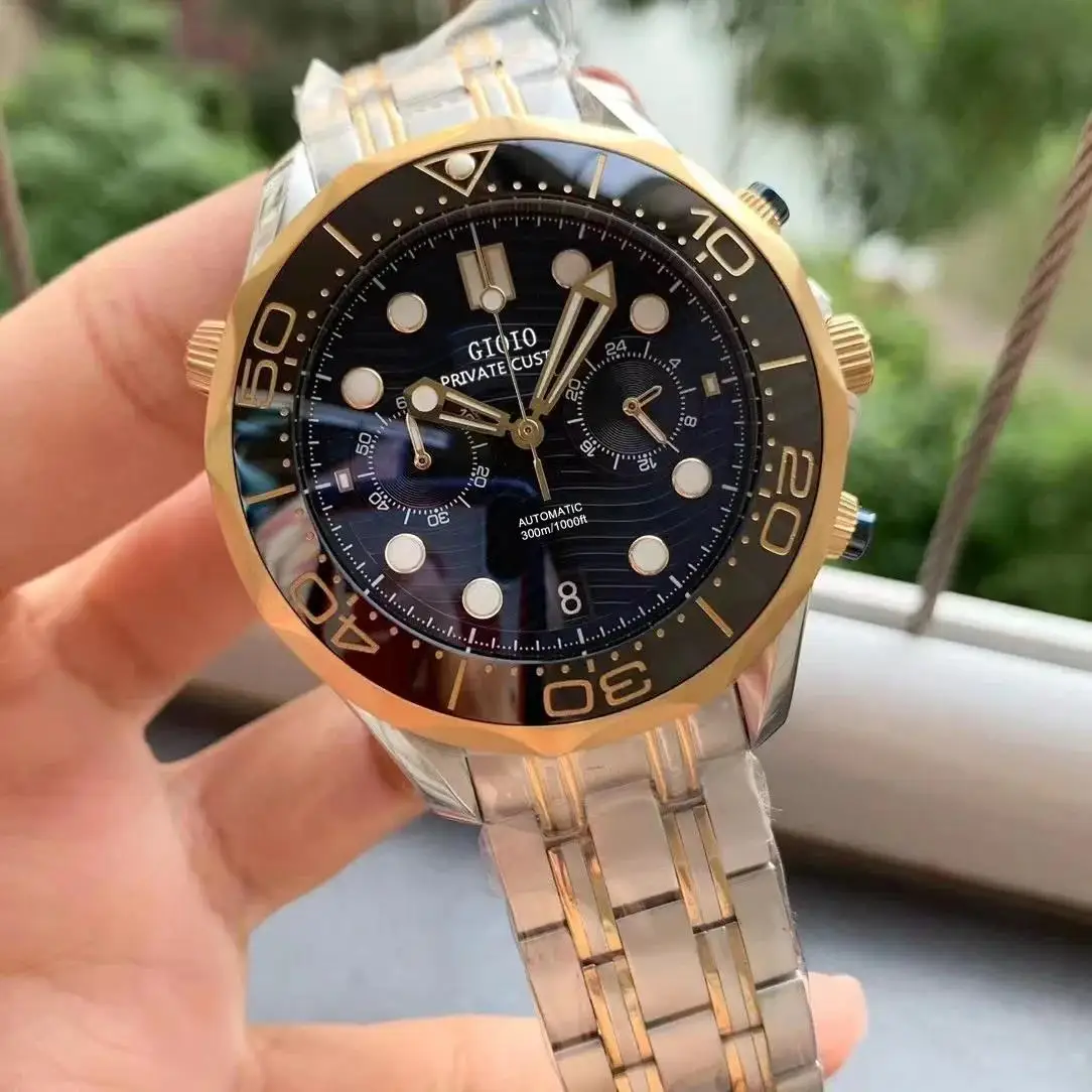 Montre chronographe à Quartz pour hommes, 44mm, haute qualité, noir, bleu, céramique, acier inoxydable, caoutchouc lumineux, or Rose