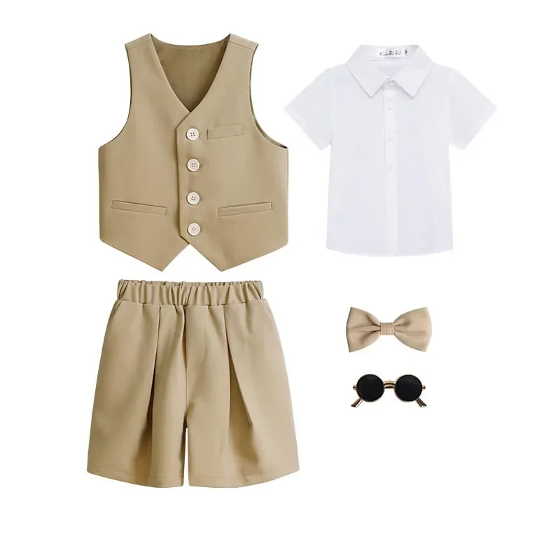 Children Summer Beige Photography Suit Kids Breathable Vest Shirt Shorts Bowtie Ceremony Costume Boys Silm Fit Wedding Dress