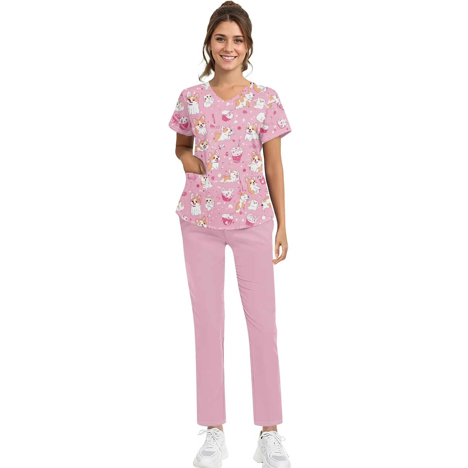 Damski strój pielęgniarski, krótki rękaw, zwierzęcy kwiatowy wzór, kieszeń, top i spodnie, odzież robocza, dwuczęściowy strój pielęgniarski.