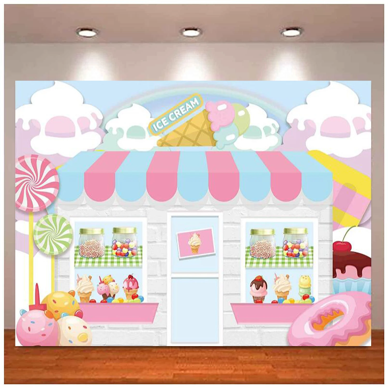 

Ice Cream Parlor Shop Photography Backdrop Summer Pink Sweet Candy Girl Baby Shower Birthday Background Doughnut Party Decor