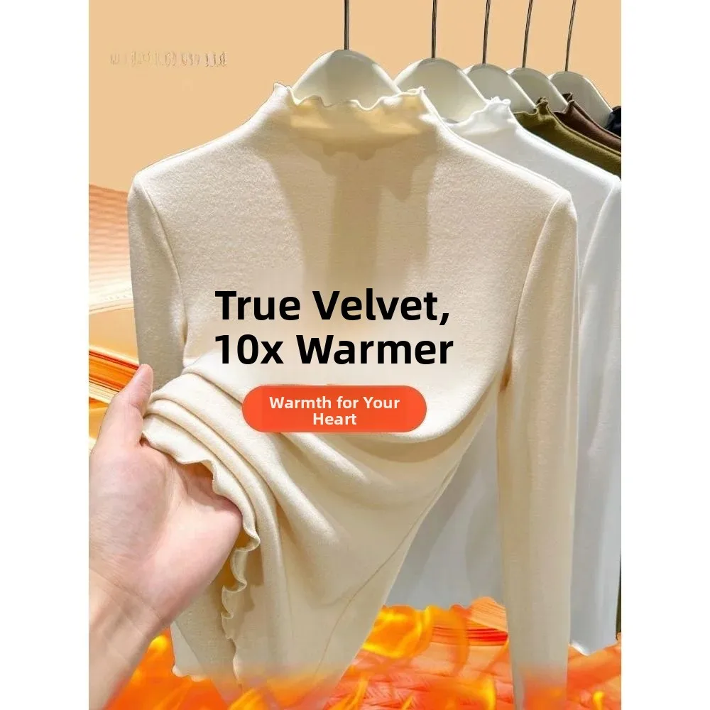 Thickened Fleece Half High Collar Women's Base Shirt Autumn Winter 2025 Fleece Warm Inner Wear with Wood Grain  Long Slee...