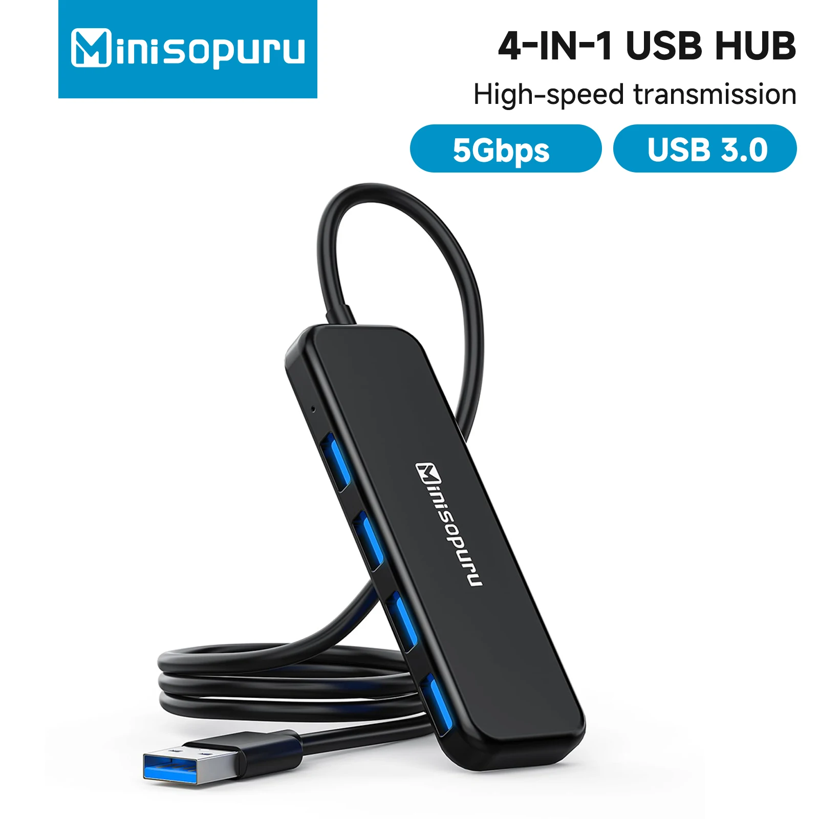 

Minisopuru 4 Ports USB 3.0 Hub Splitter for Laptop with 1.8ft Extended Cable 5Gbps USB Hub for Flash Drive HDD XPS Printer Mouse