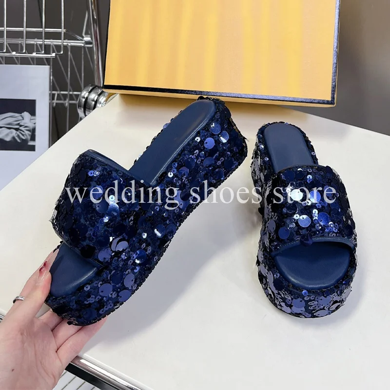 Girls Sequined Height Increasing Slippers Fashion Shoes Comfort Summer Personalized Outdoor Wedding Party Slippers Women Shoes