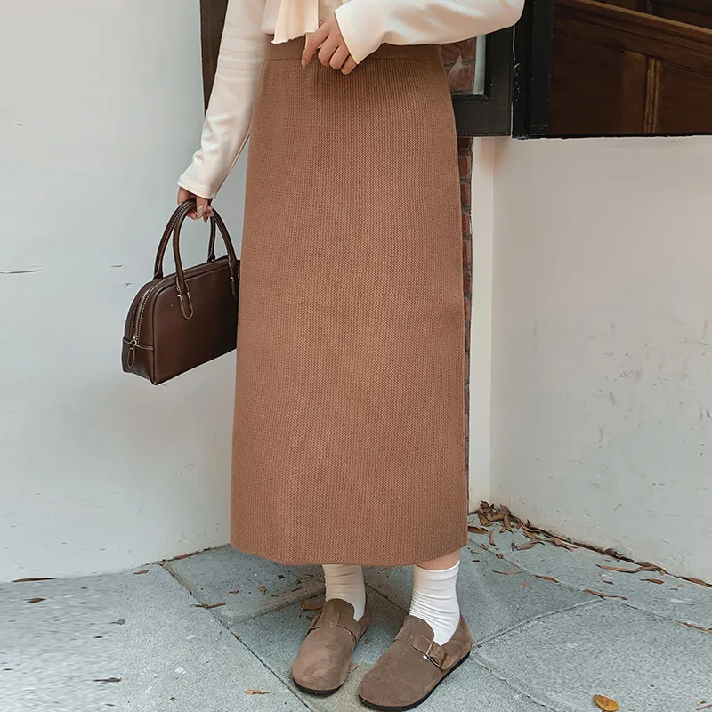 

Женская универсальная повседневная юбка-полусолнце с высокой талией больших размеров, вязаная, скрывающая бедра, в милом стиле, из полиэфирного волокна, фасон «летучая мышь»