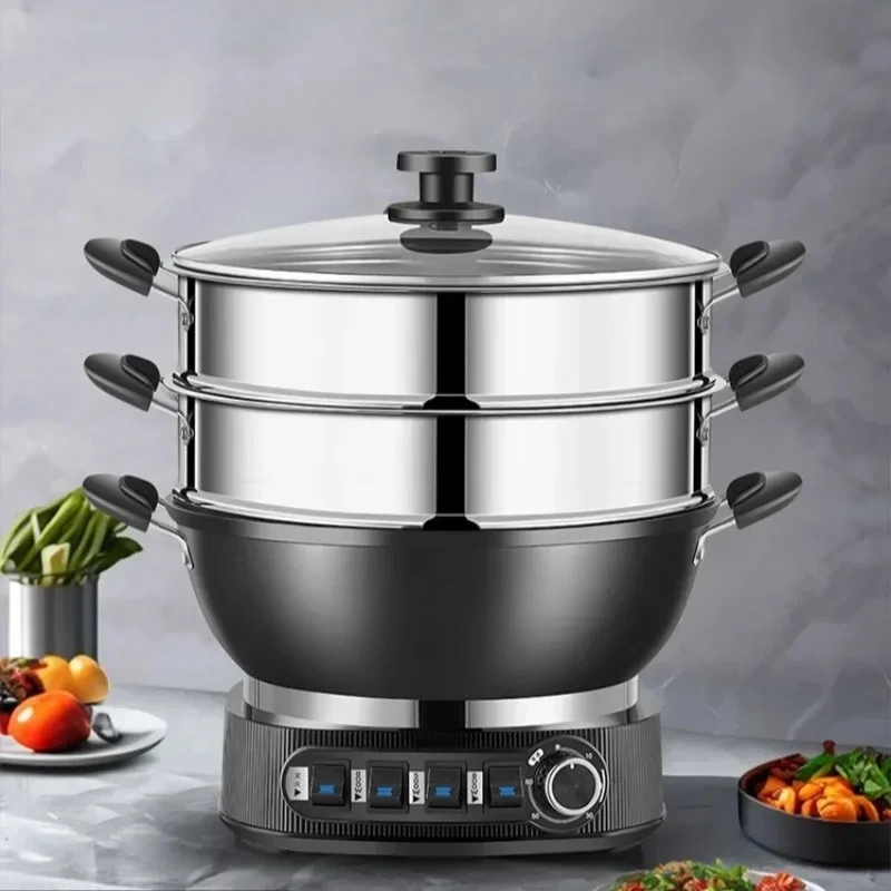 Cast Iron Uncoated Electric Wok Non-stick Pot Steamer 32/34/36/38cm Electric Steamer Cooker Multifunctional Hotpot Multicooker