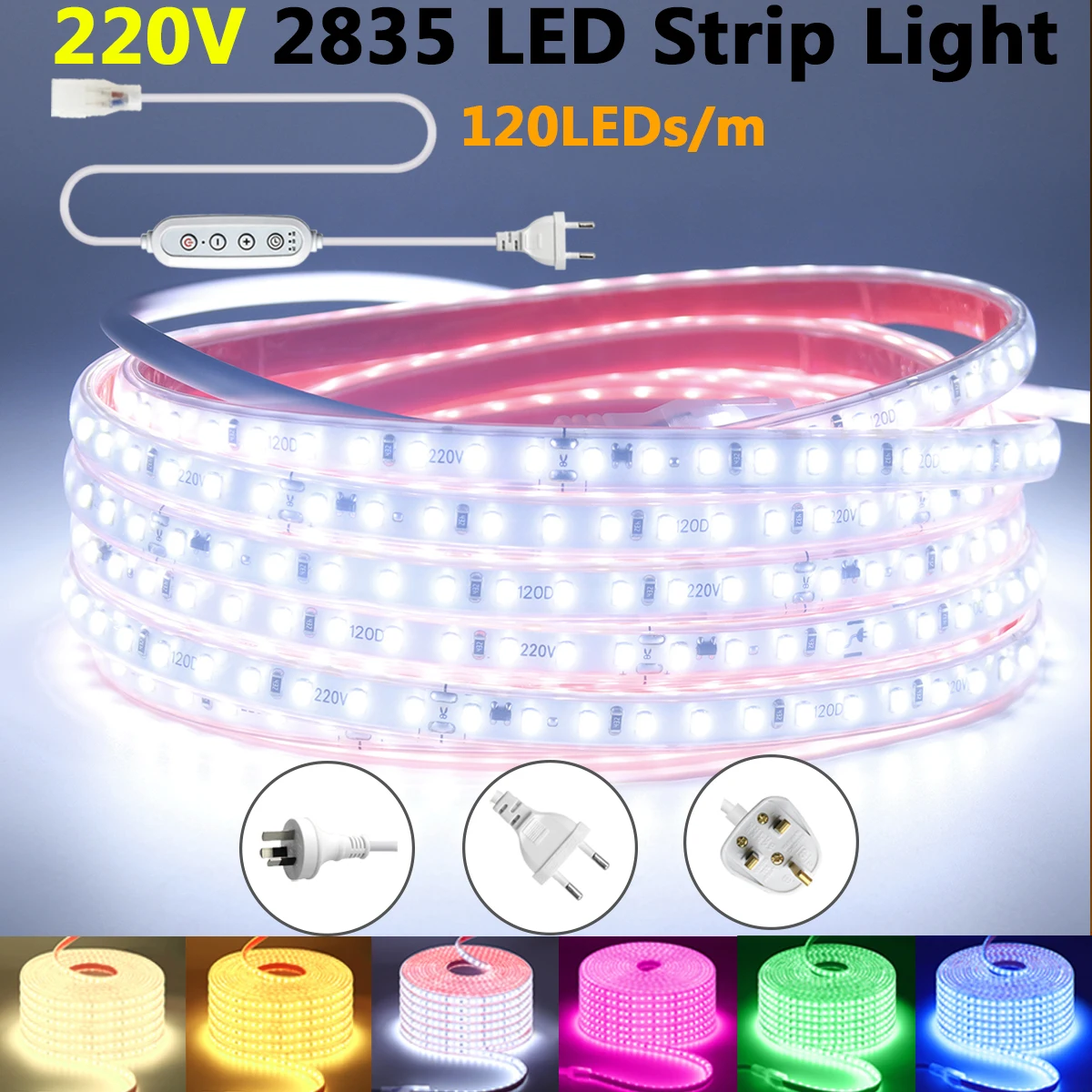 Timing Dimmer 220V LED Strip Light 2835 120 LEDs/m EU AU UK Plug Warm Blue Waterproof Cuttable Soft Tape Garden Outdoor Lighting