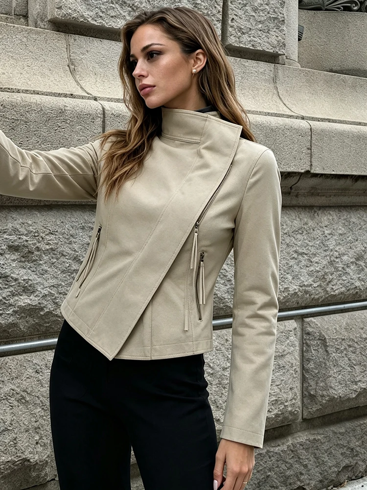 2026 Minimalistische Beige Slim-Fit-Jacke für Damen, Elegante Asymmetrische Diagonale Reißverschluss-Stehkragen-Jacke, Herbstliche Alltags-Streetwear-Oberbekleidung – Detail 2