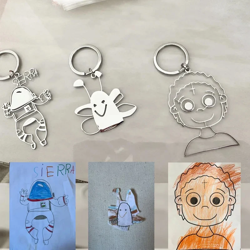 96 hours Shipment Customized Children\'s Drawing Keychain Kid\'s Art Personalized Keyring Stainless Steel Custom Design LOGO Gift