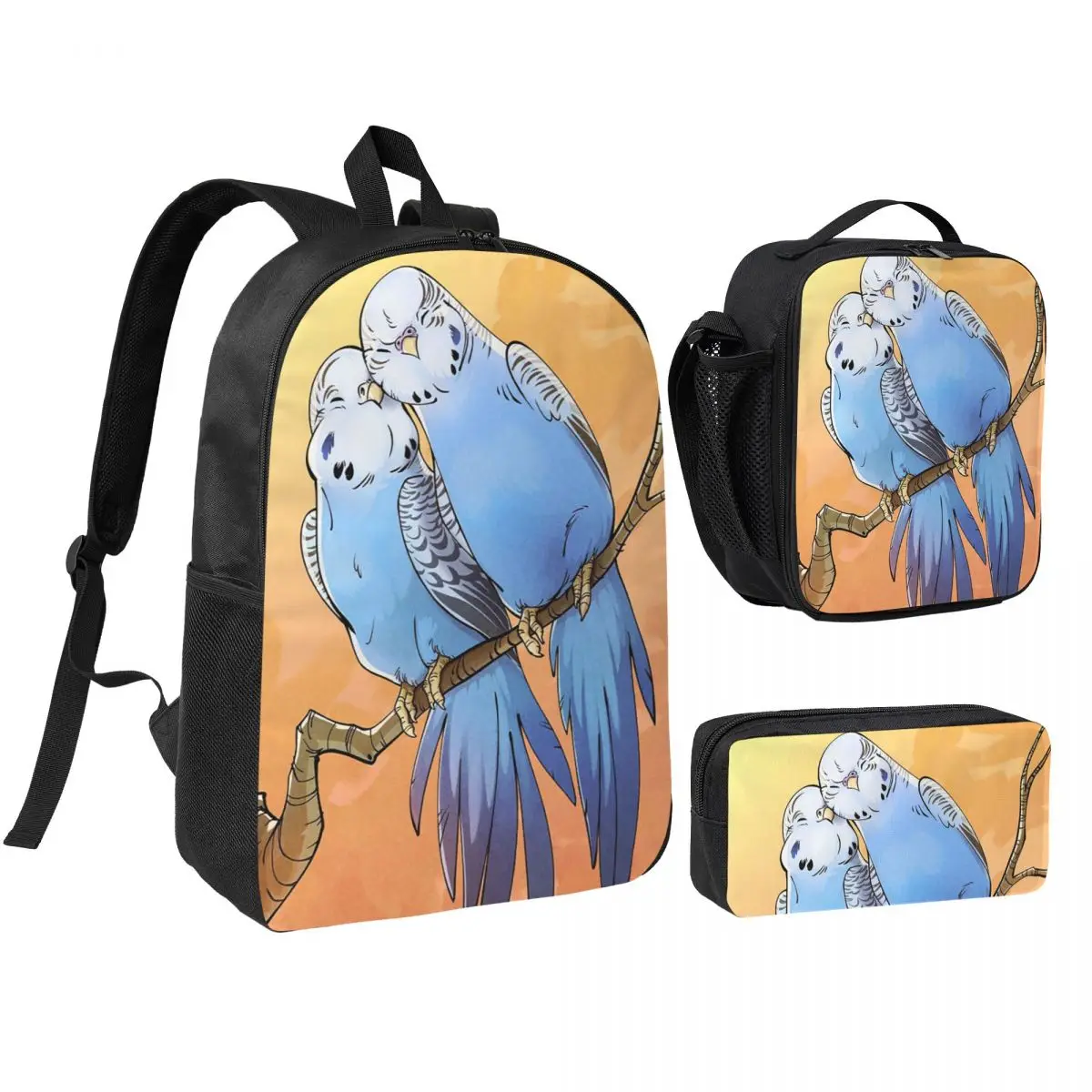 Parakeets Affectionate Backpack Boys Girls BookBag School Bag Shoulder Bags 3ps Insulated Lunch Bag Pencil Case