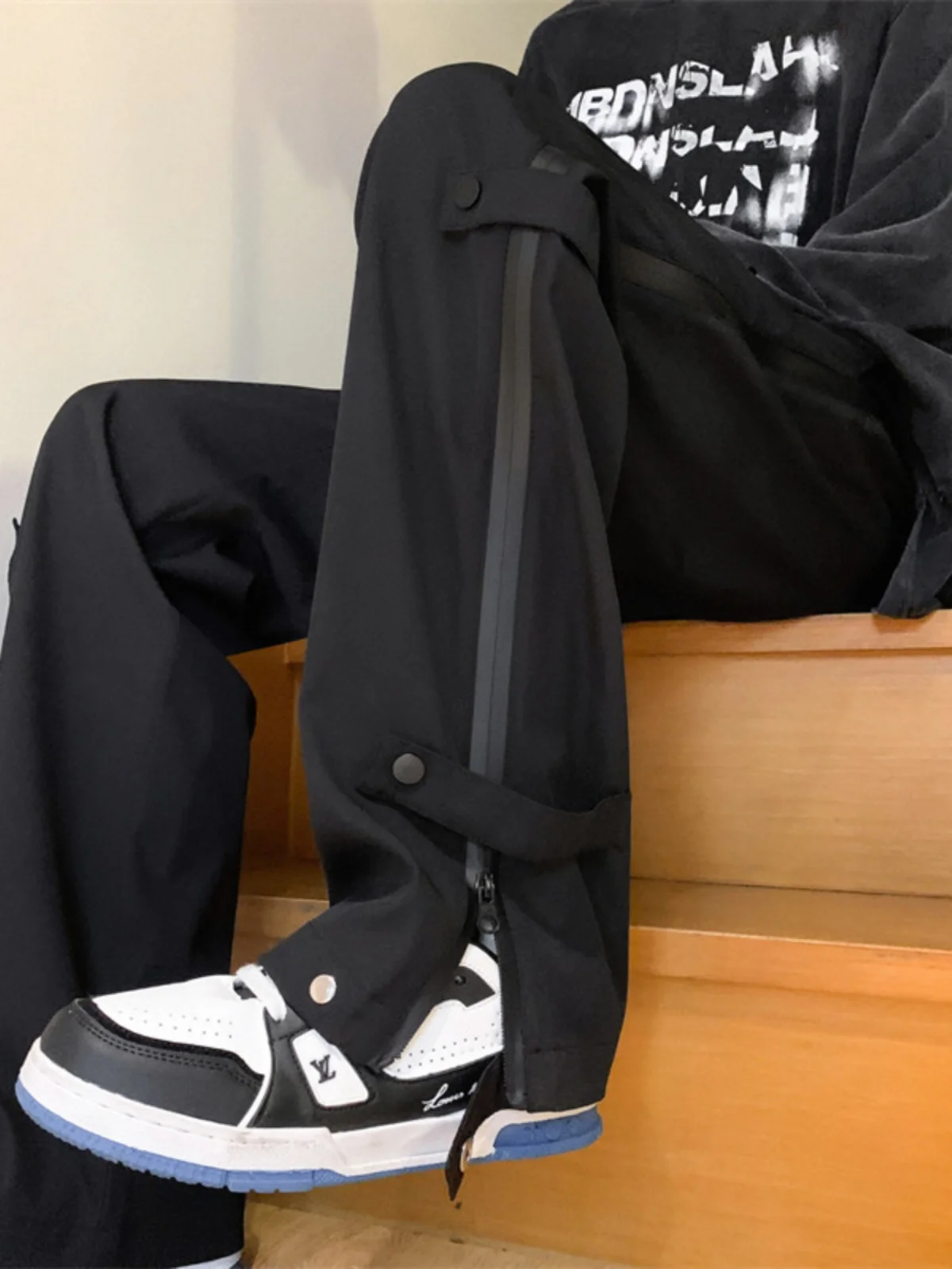 

Американские функциональные брюки-ветровка для мужчин, весна-осень, большие размеры, с боковой молнией, повседневные брюки в стиле High Street, парашютные брюки