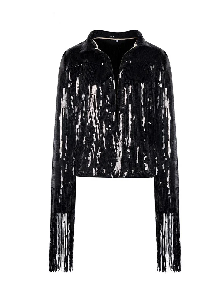 Female Jackets Stage Costume Reflective Tassel Sequin Blazer Outwear Tops Retro Long-sleeved Coat Streewear Solid Outer Wear