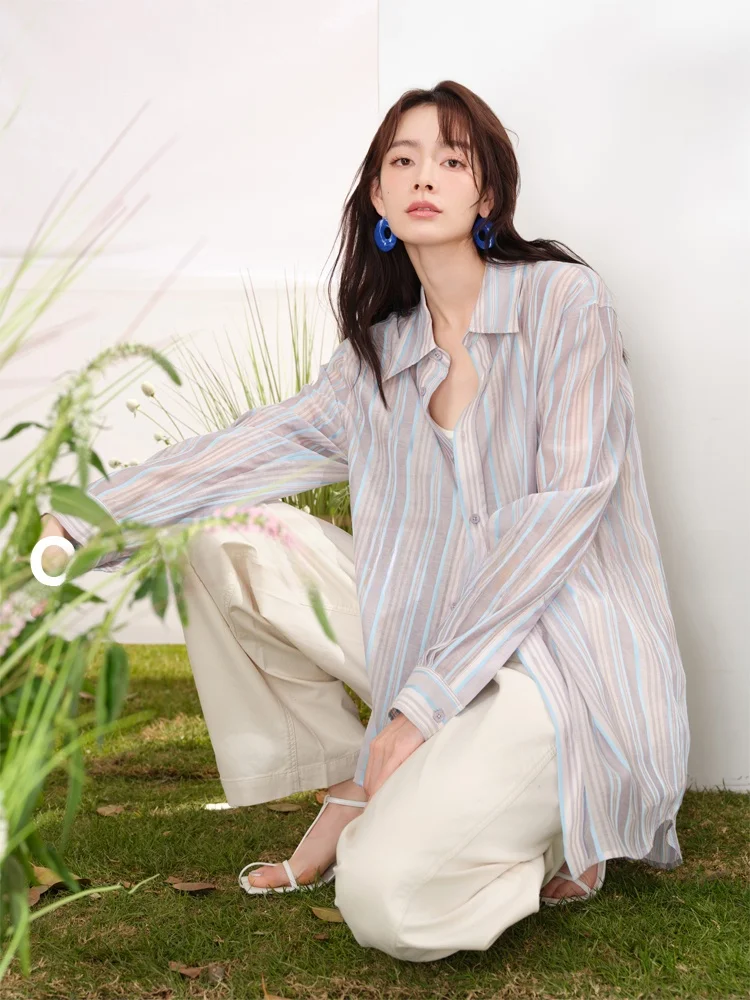 

Loose Women's Striped irt Transparent Design Sensation Commute Blue Lazy Stripes Sunscreen irt Cotton Blend Long Sve P...