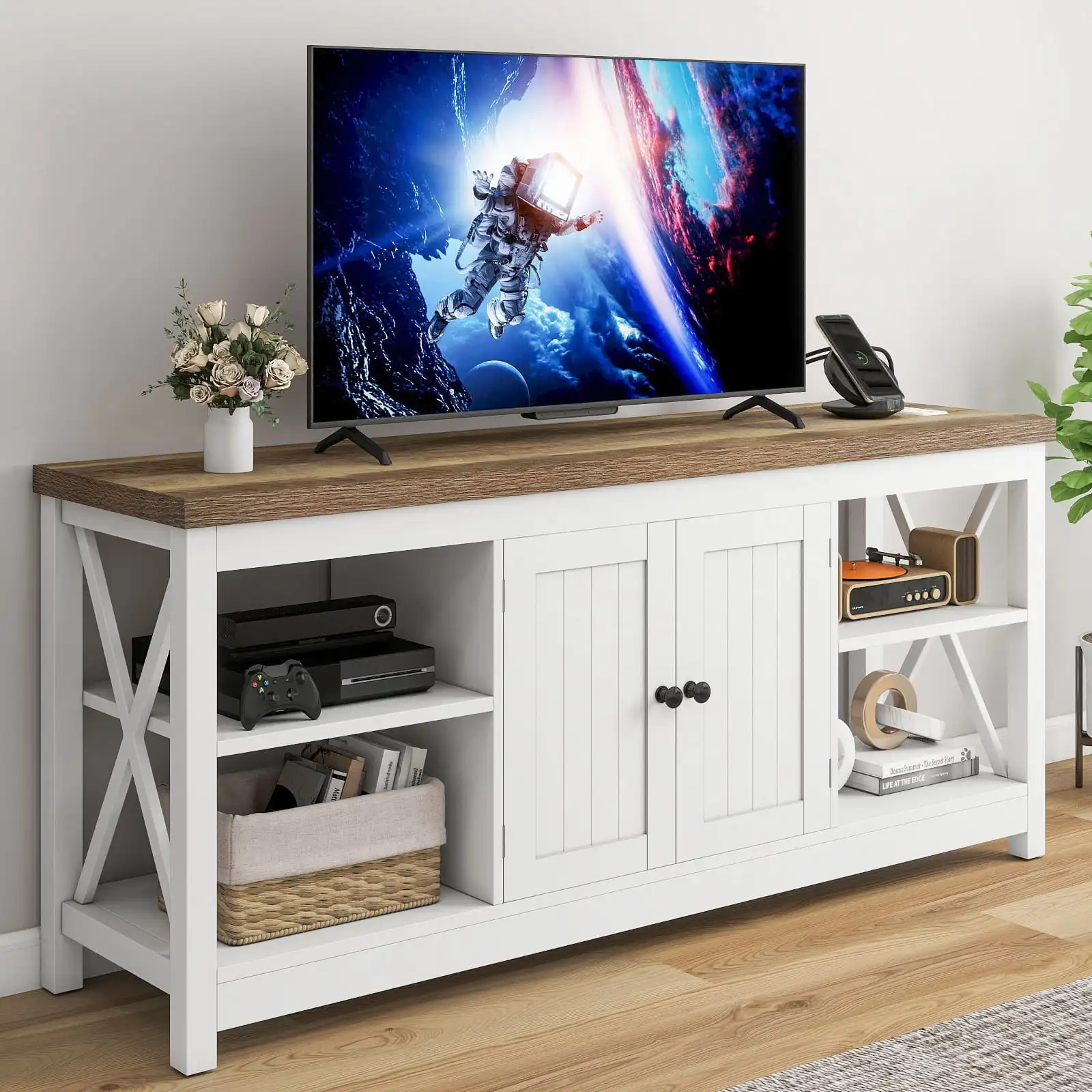 White TV Stand up to 65 Inches with Power Outlets Farmhouse Entertainment Center Cabinet with Storage for Living Room