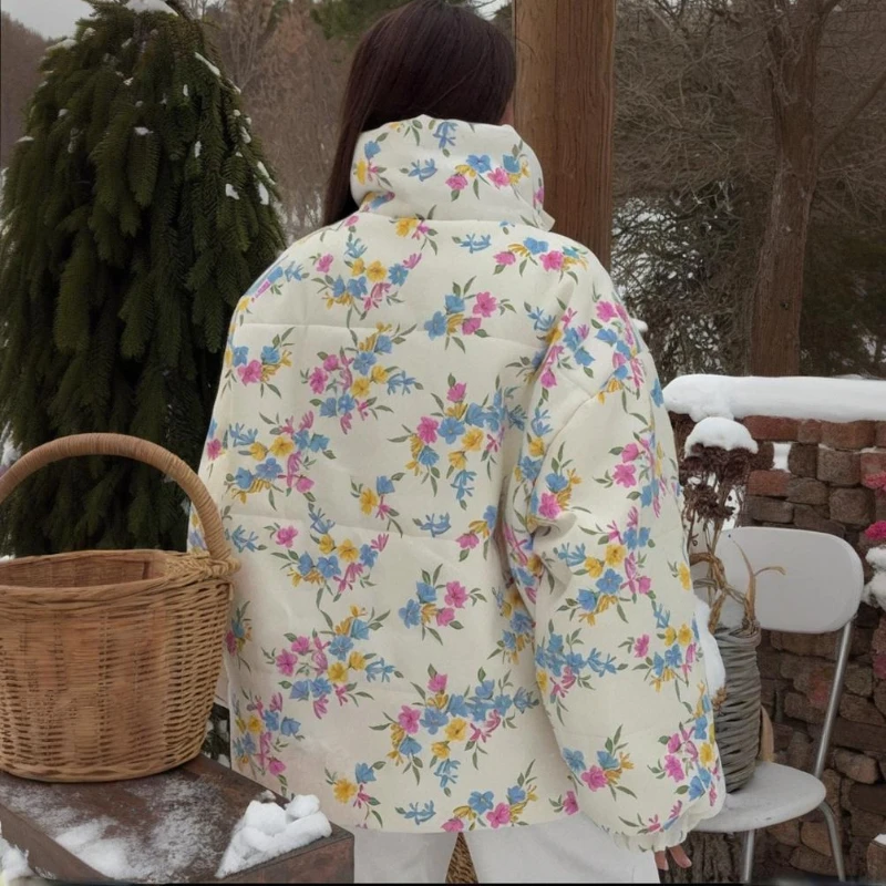 TARUXY Printed Stand-Up Collar Zipper Padded Coat Women's Fashion Long Sleeve Pocket Loose Padded Jacket Winter New Casual Wear