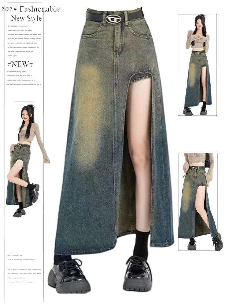 Women's Blue A-line Denim Skirt with Slit Vintage Aesthetic Y2k Jean Skirt Harajuku Korean Long Skirt 2000s Clothes Summer 2024